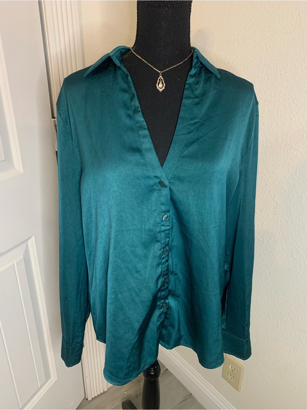 Lulumari Teal Satin Button-Down Blouse
